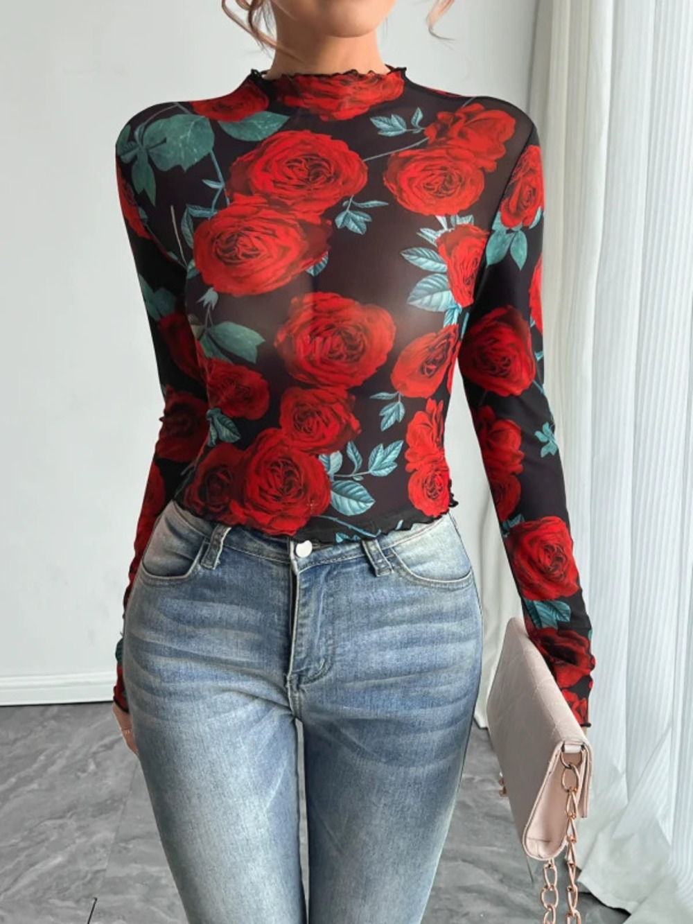 Autumn Women Sheer Rose Floral Print Long Sleeve Stand Collar Blouse